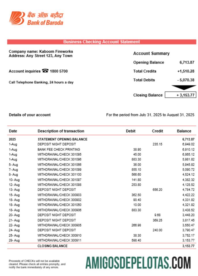 Imprimível Bob Bank Of Boroda Firm Account Statement Word And PDF model